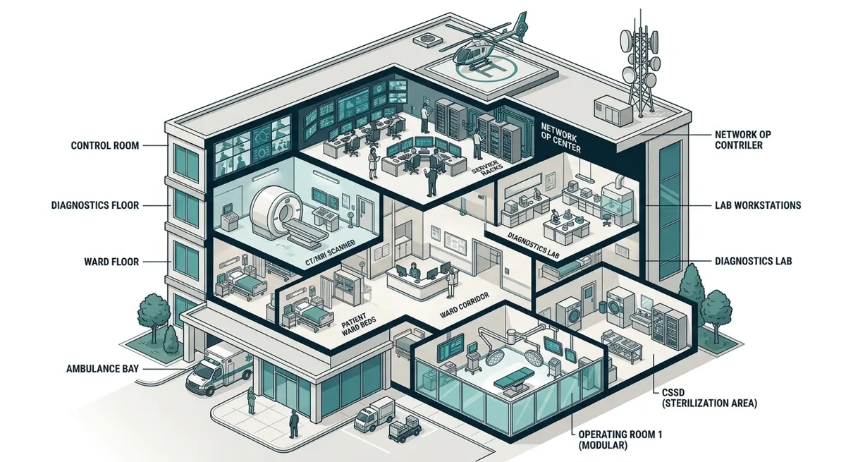 Isometric cutaway illustration of a fully equipped MTD hospital building, showing the control room, diagnostics floor, patient wards, ambulance bay, modular operating room, CSSD sterilization area and network operations tower